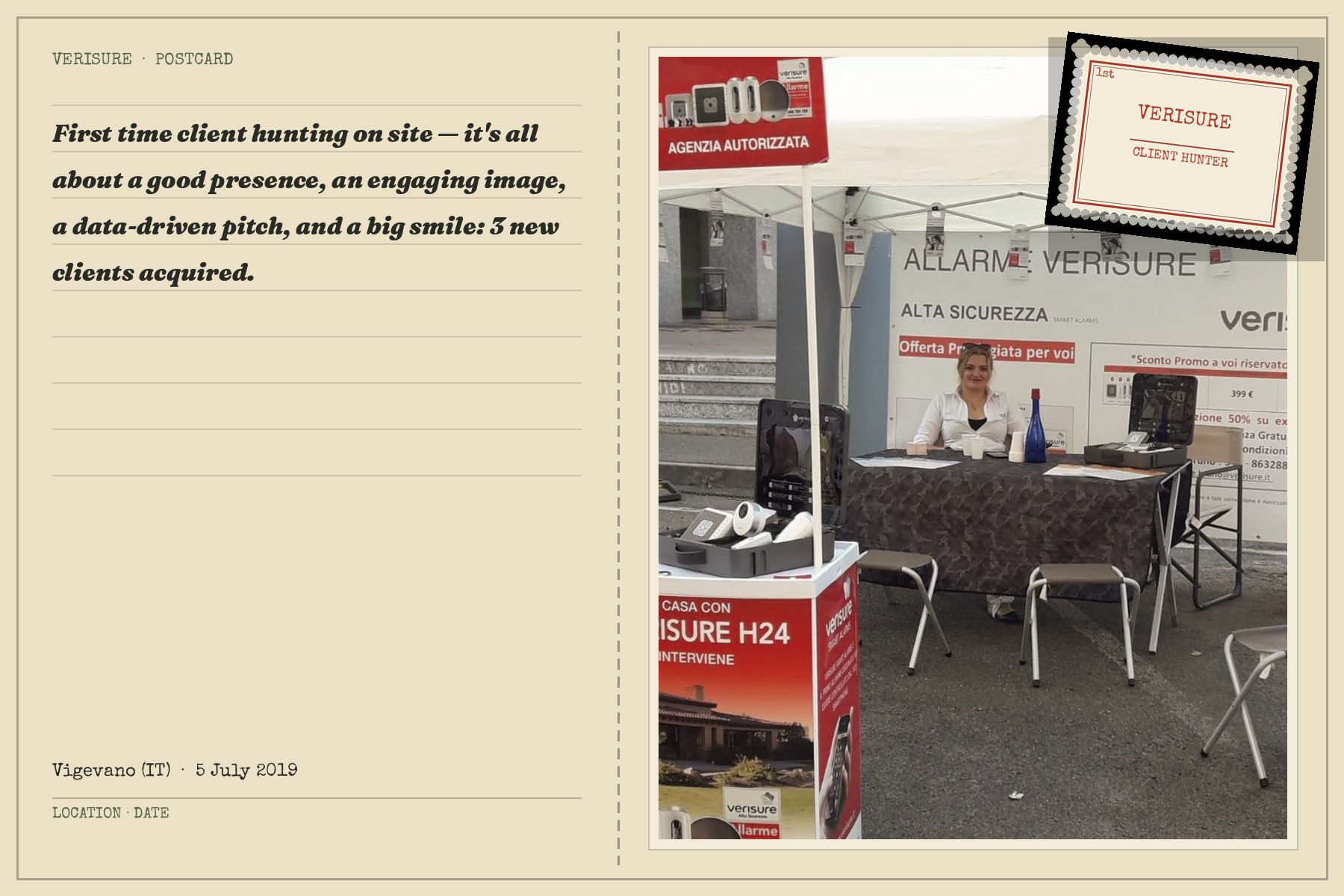 Postcard: at the Verisure stand in Vigevano, Italy, 5 July 2019 &mdash; first time client hunting on site, three new clients acquired