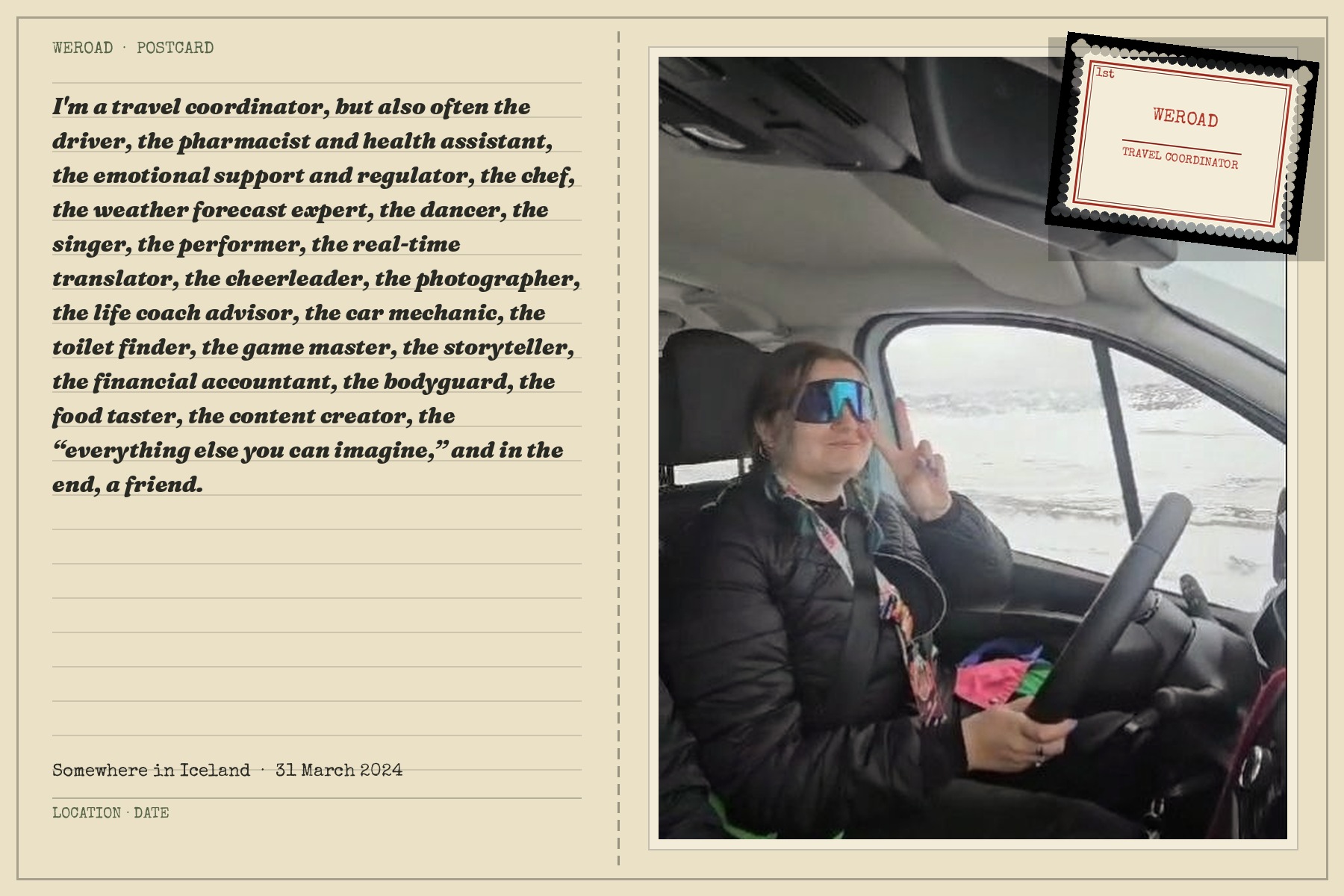 Postcard: behind the wheel somewhere in Iceland, 31 March 2024 &mdash; travel coordinator and everything else