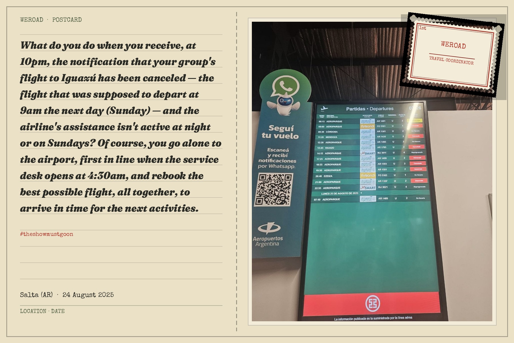 Postcard: at the airport in Salta, Argentina, 24 August 2025 &mdash; rebooking a cancelled group flight to Iguazu